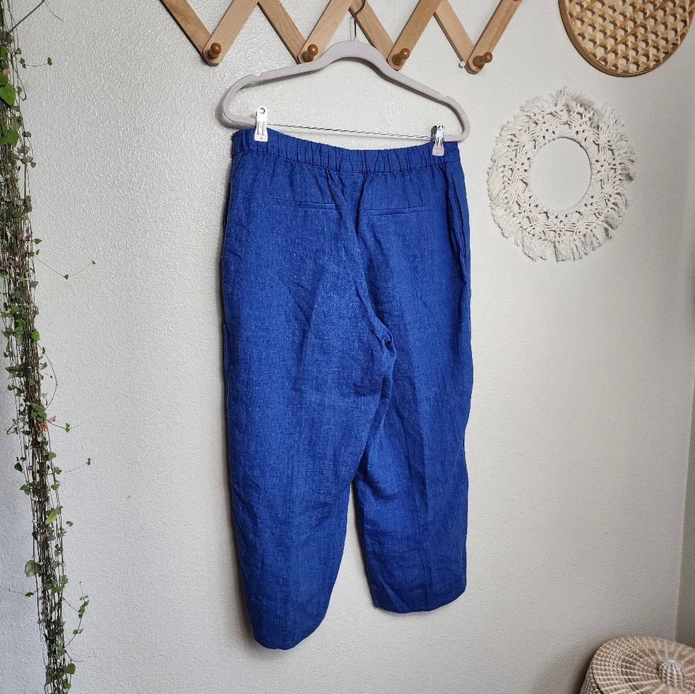 Chico's Linen Button Hem Crop Pants Women's 2 Blue Pull On Relaxed Fit W…